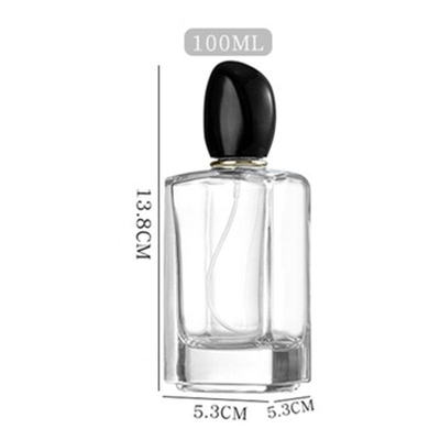 Quadratische Glasflasche mit 50 ml 100 ml Fassungsvermögen und markant unregelmäßig geformter Kappe