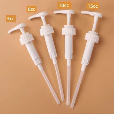 Großhandel mit Sirupspenderpumpen aus PP-Kunststoff in Lebensmittelqualität und großer Dosierung von 8 cm³, 10 cm³ und 30 cm³ in den Größen 28 mm, 33 mm und 38 mm